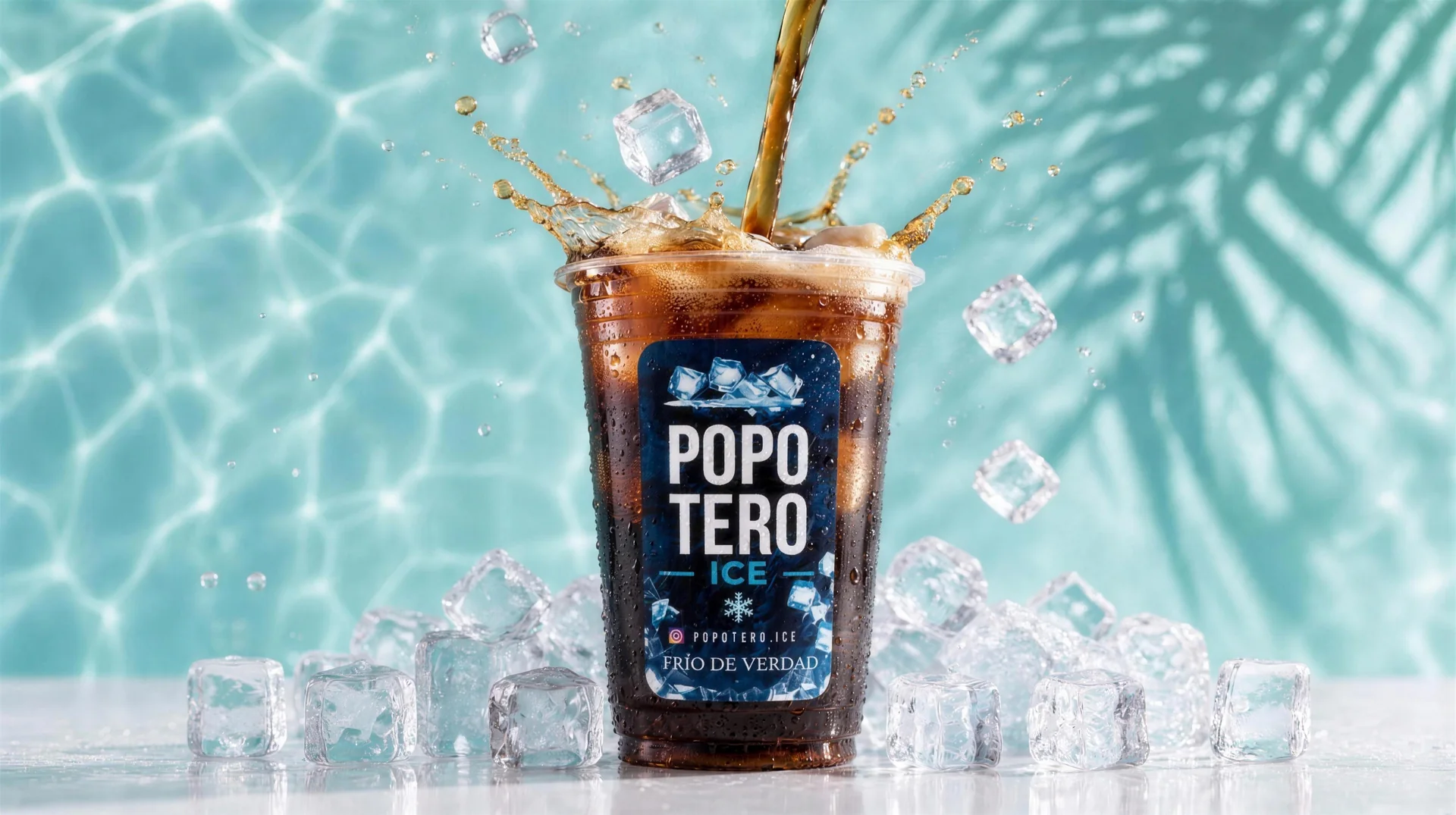 Vaso Popotero Ice lleno de hielo mientras le sirven una bebida, junto a una pileta